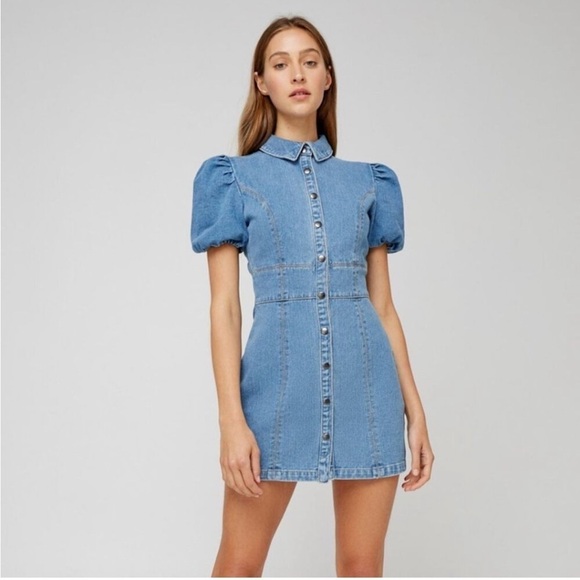 The Fifth Label Dresses & Skirts - Brand New The Fifth Label Denim Jean Dress Puff Sleeve Button Front Blue Mini